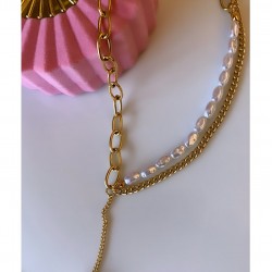 Mry Vergoldete Halskette mit Doppelkette und Perlenschnur Mry Vergoldete Halskette mit Doppelkette und Perlenschnur
