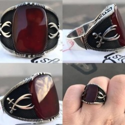 Silberner Zulfukar-Ring mit rotem Achatstein