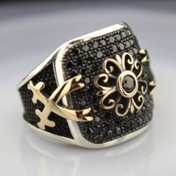 925 Sterling Silber Quadratische Seite Zulfikar Schwert Detaillierte Micro Stein Herrenring Zld-21