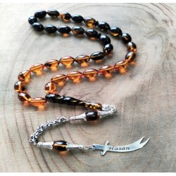 Zülfükar Rosenkranz aus gepresstem Bernstein mit Silberquaste  Zülfükar Rosenkranz aus gepresstem Bernstein mit Silberquaste