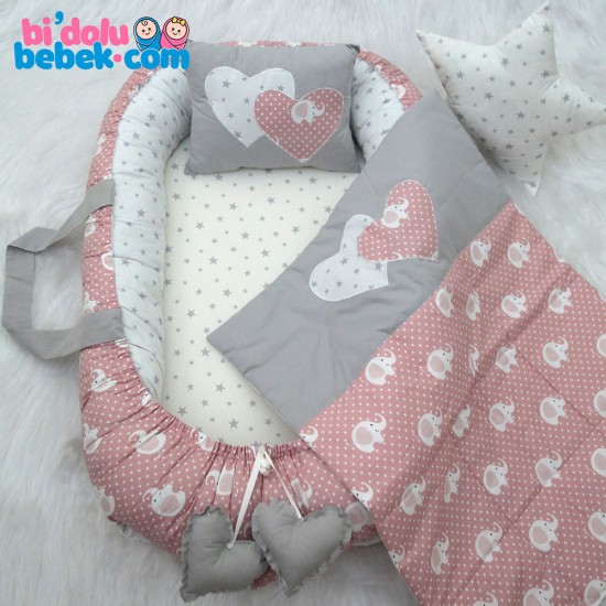 Puderfarbener Elefant und grauer Stern mit Muster Babynest Special Set - Mutterschoß